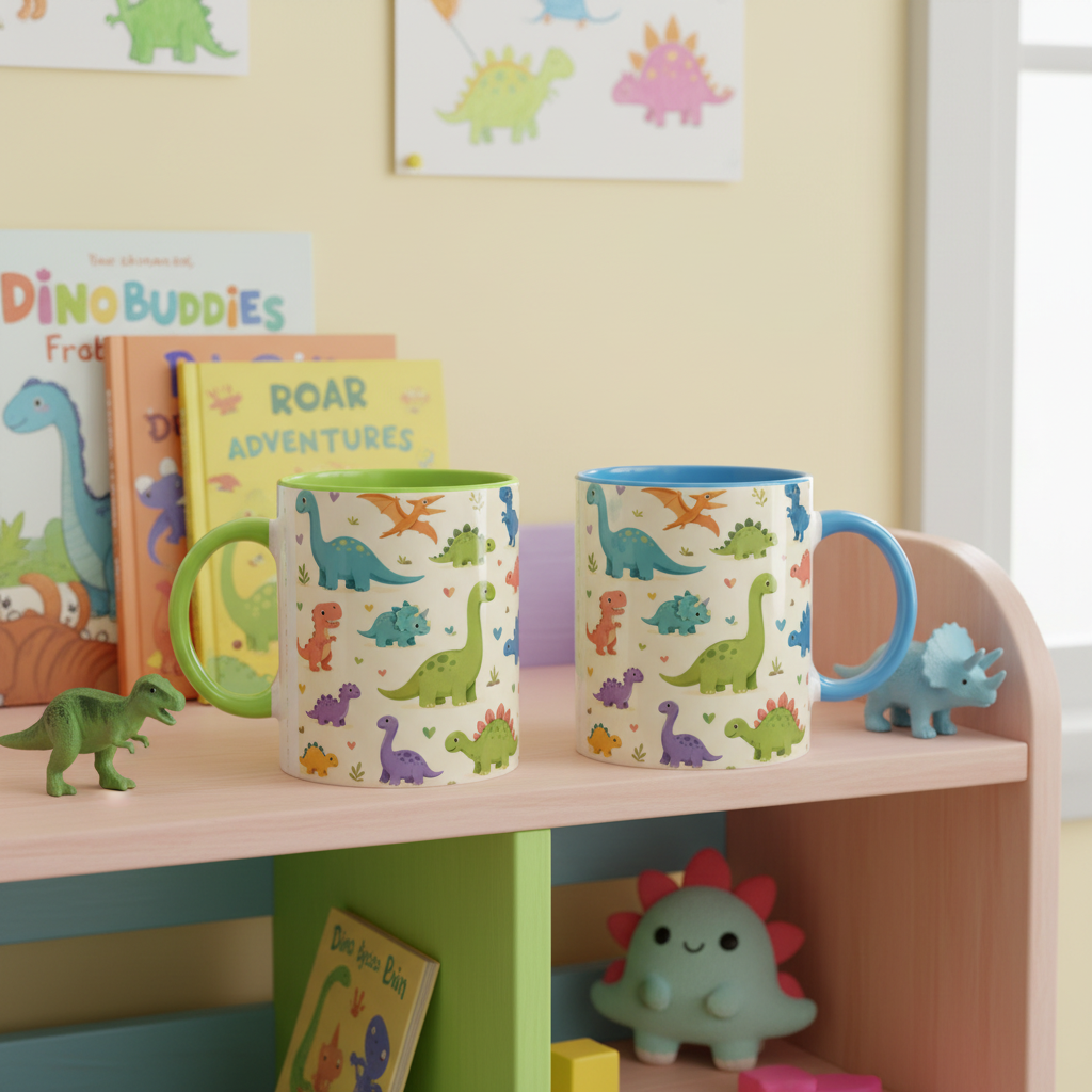 Deux mugs dinosaures kawaii fond creme anse verte et bleue sur etagere chambre enfant
