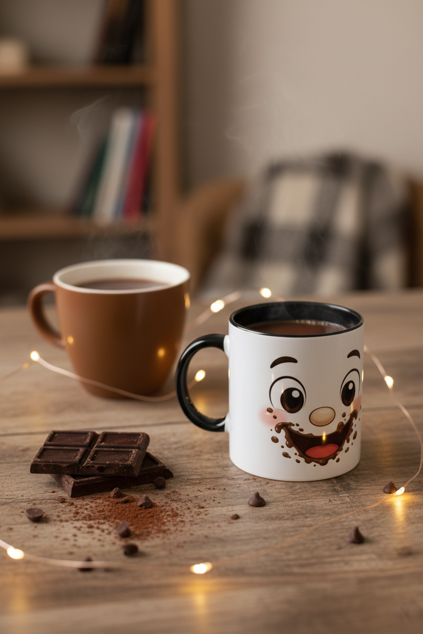 Deux mugs blancs visage Kawaii au chocolat, avec anses noire et beige
