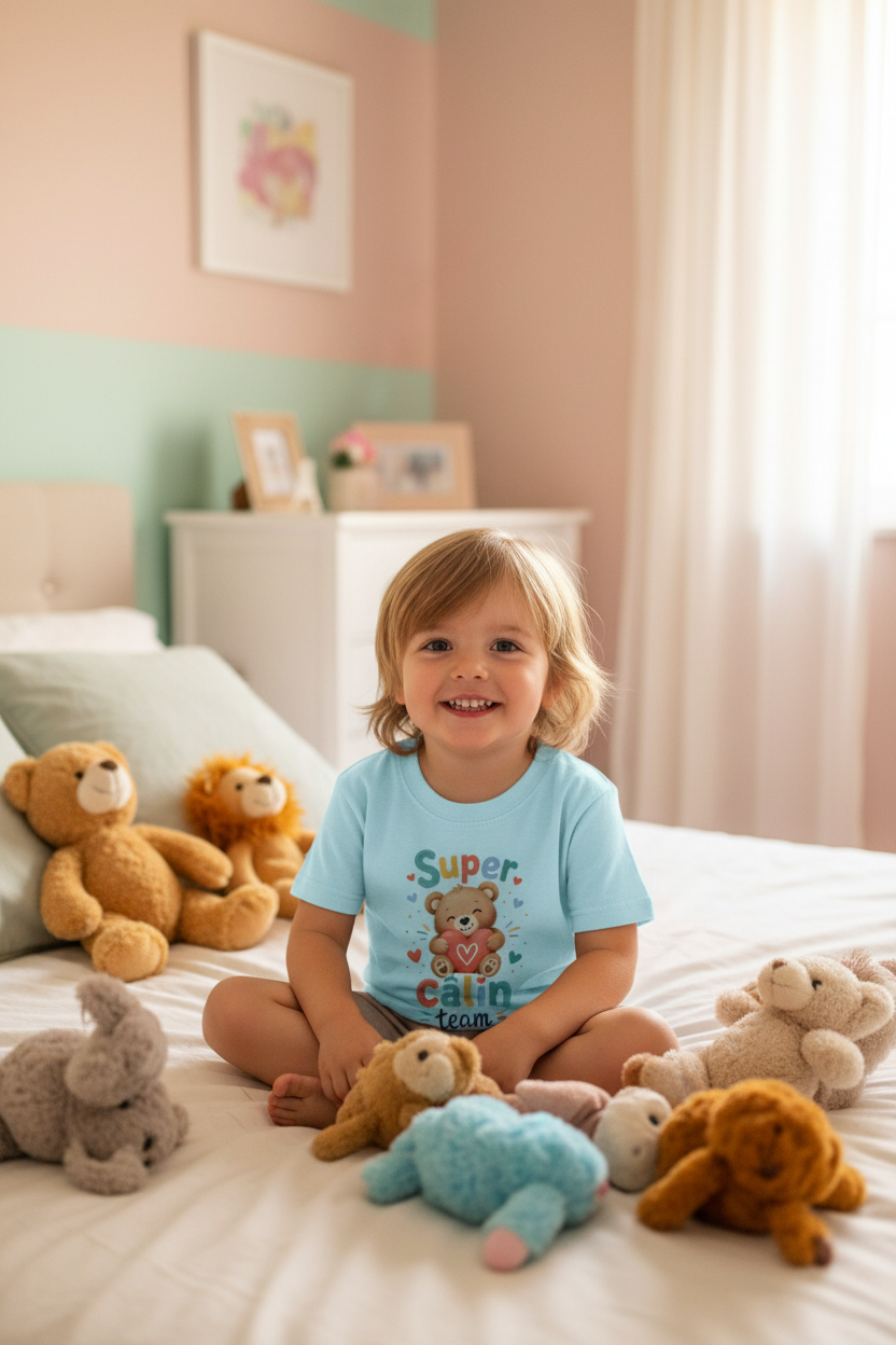 Enfant en t-shirt bleu clair Super Câlin Team assis sur un lit entouré de peluches et doudous