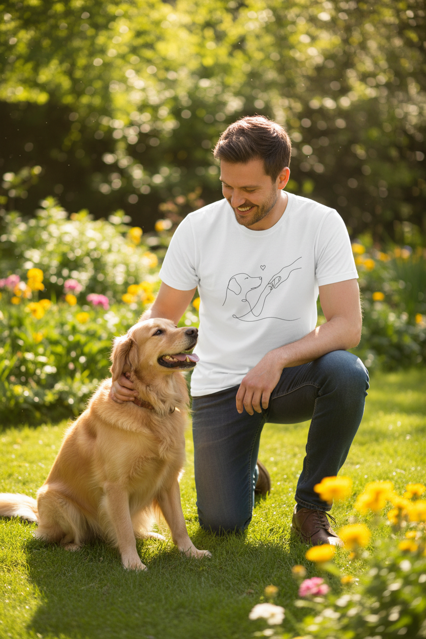 T-shirt unisexe blanc avec illustration line art de chien et petit cœur, manches courtes.