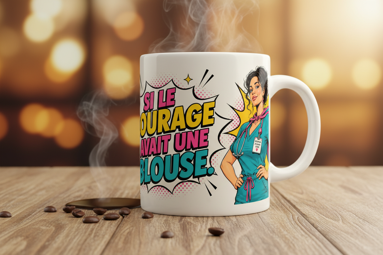 Mug blanc avec motif infirmière, texte « Si le courage avait une blouse »