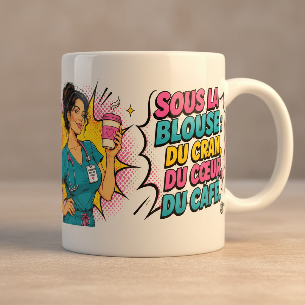 Mug blanc avec poignée, gros texte multicolore et infirmière dessinée