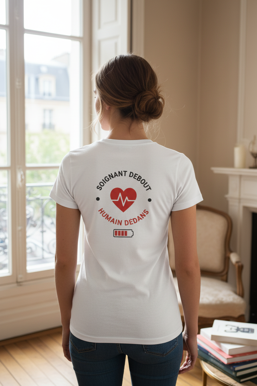 T-shirt blanc porté, vue dos avec imprimé cœur rouge ECG et texte « HumaIn Dedans ».