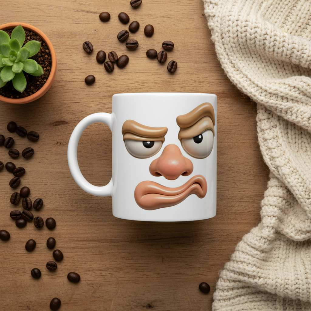 Mug humour visage grognon flat lay avec grains de cafe et plante