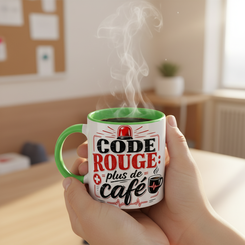 Mains de soignante tenant le mug Code Rouge Plus de Cafe avec vapeur de café, fond couloir hôpital