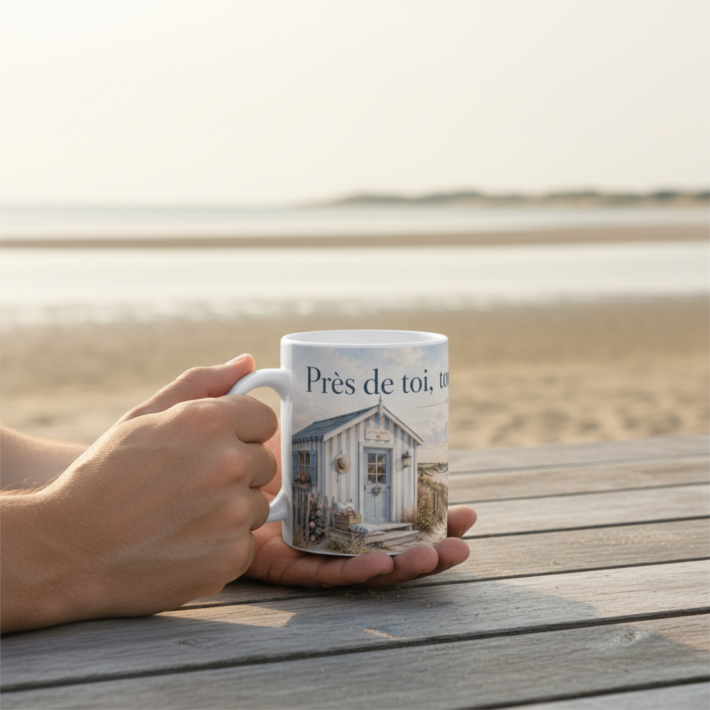 Mug Pres de toi tout devient doux tenu par un couple en bord de mer, Bassin d'Arcachon