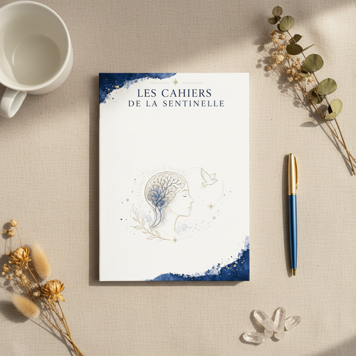 Flat lay du Cahier de la Sentinelle avec mug blanc, fleurs séchées et cristaux sur lin beige