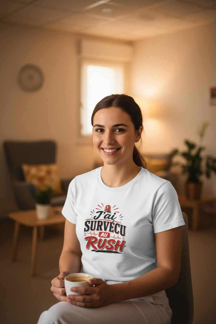 Soignante portant le t-shirt J'ai Survecu au Rush dans une salle de pause hospitalière
