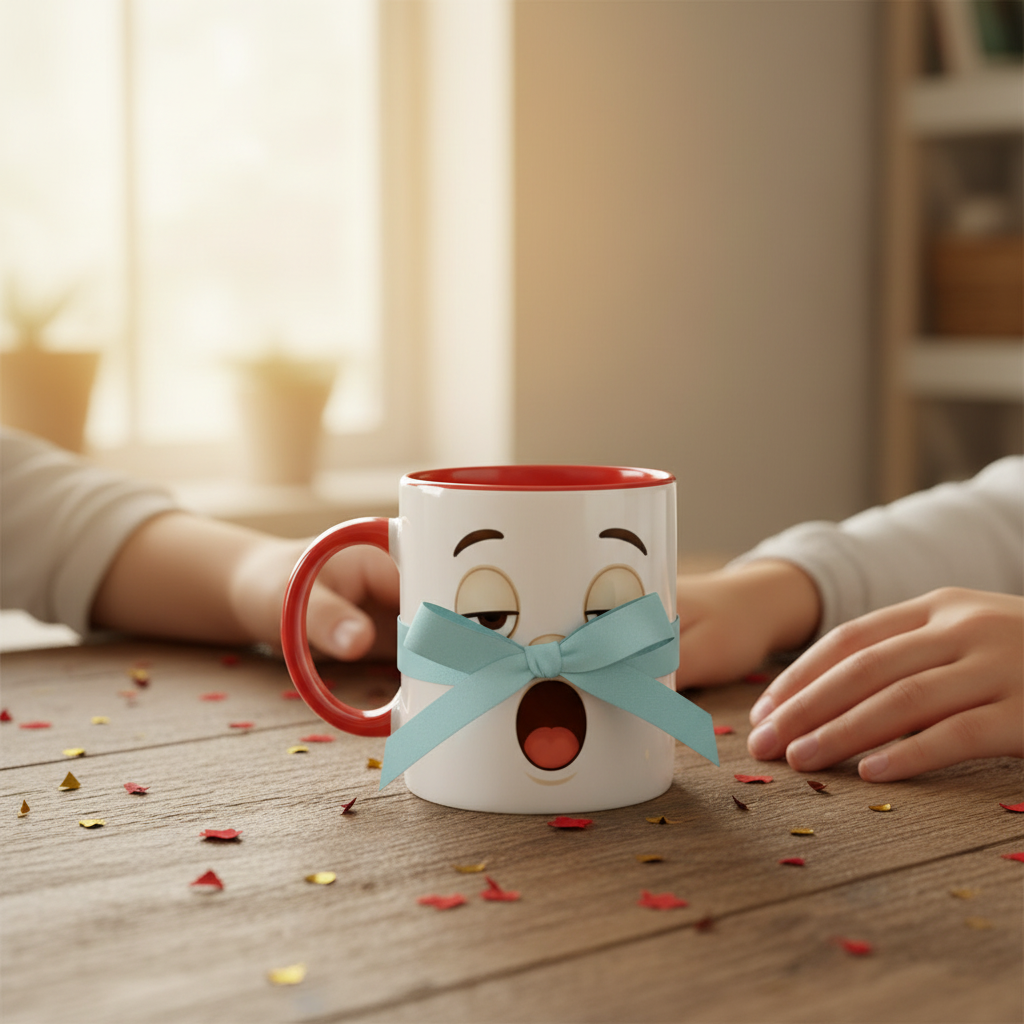Mug blanc à bord rouge, visage kawaii avec nœud bleu en façade.
