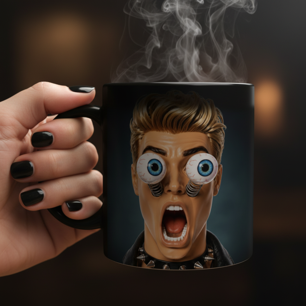Zoom sur le design du mug magique thermosensible, visage punk yeux a ressorts revele par boisson chaude