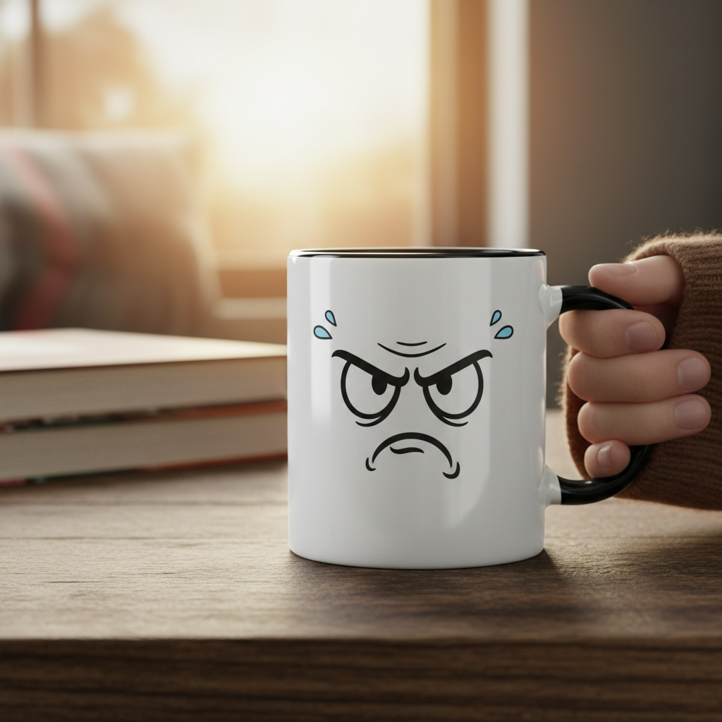 Mug blanc au visage grognon, tenu par une main, sur table en bois