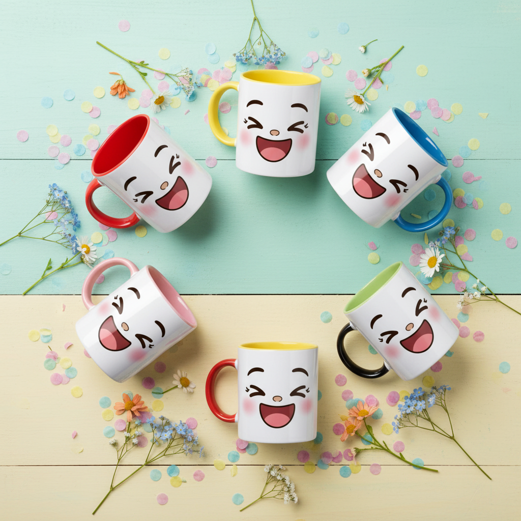 Jeu de mugs en céramique blanche avec visage kawaii souriant
