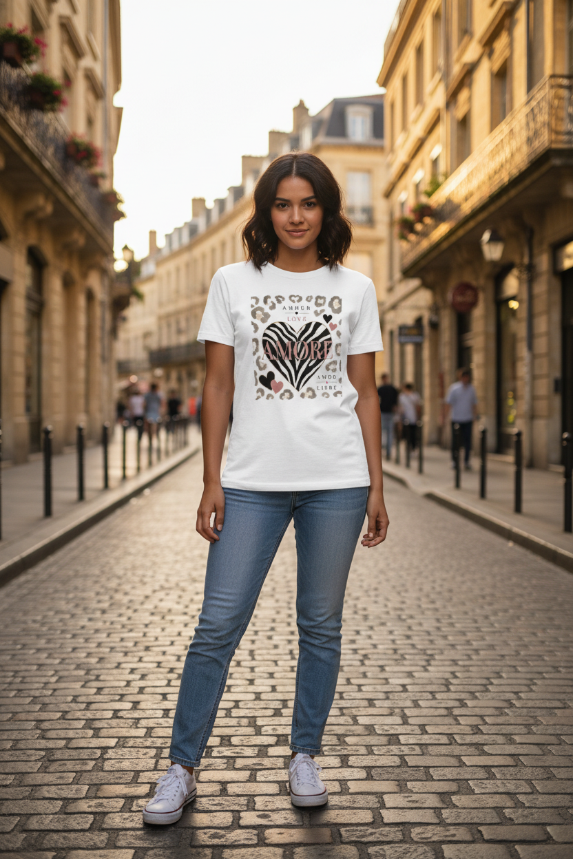 T-shirt unisexe blanc avec motif cœur zébré et léopard sur la poitrine