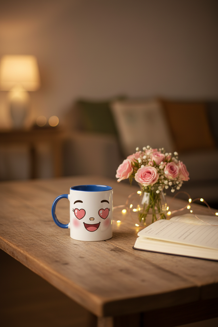 Mug en céramique blanche au visage kawaii, anse bleue et cœurs rouges.