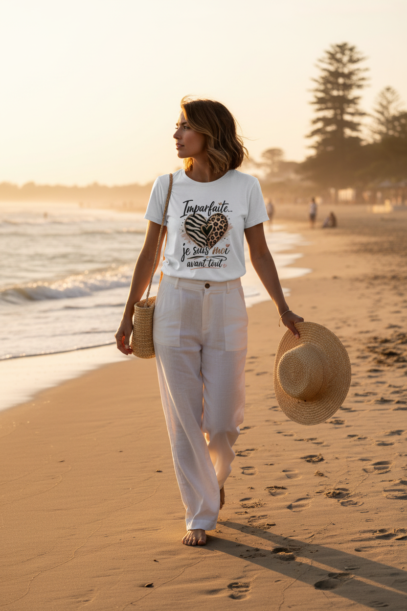 T-shirt femme beige clair, col rond, imprimé « Je suis moi avant tout »
