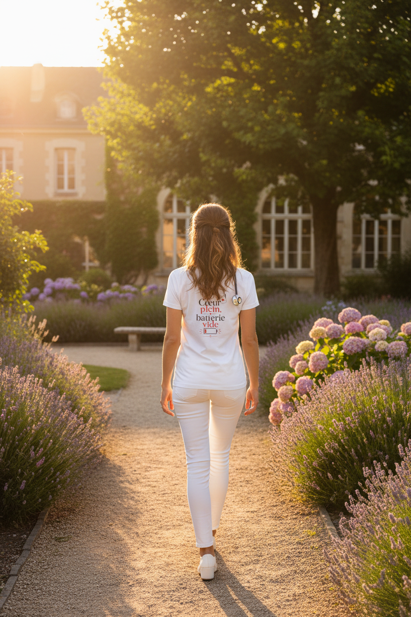 T-shirt blanc à motif cœur batterie vide, vue de dos