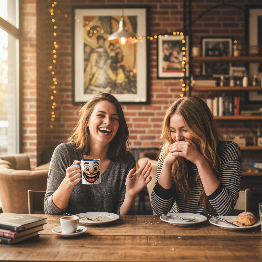 deux amies qui rient autour d'un mug visage chocolat rigolo dans un cafe