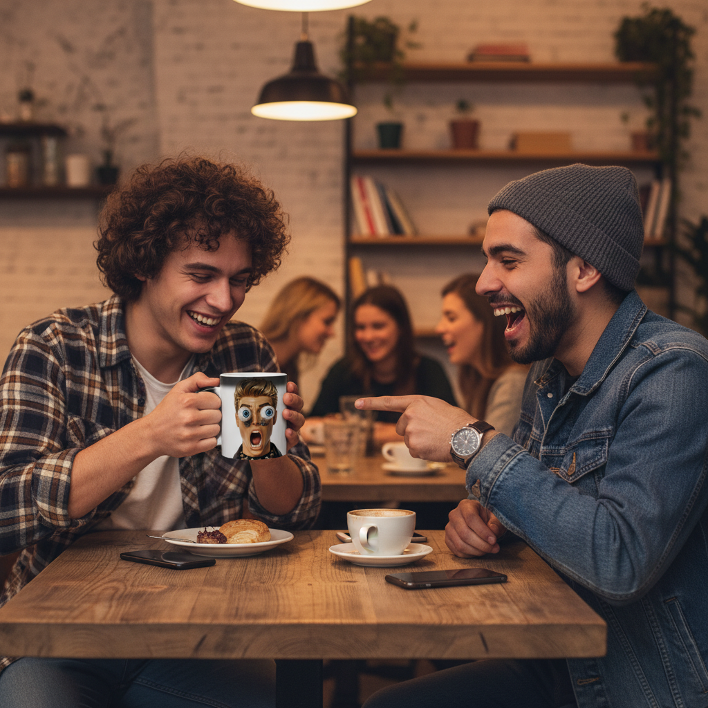 Deux amis qui rient autour d'un mug magique humour yeux a ressorts dans un cafe chaleureux