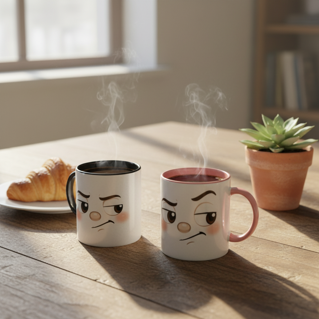 Deux mugs en céramique: noir et blanc à poignée rose, visage grognon