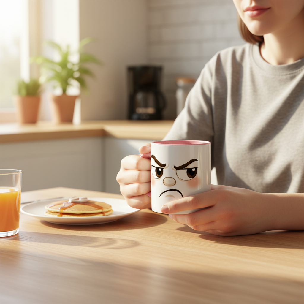 Tasse en céramique bicolore blanc et rouge, visage fâché Kawaii tenue en main.