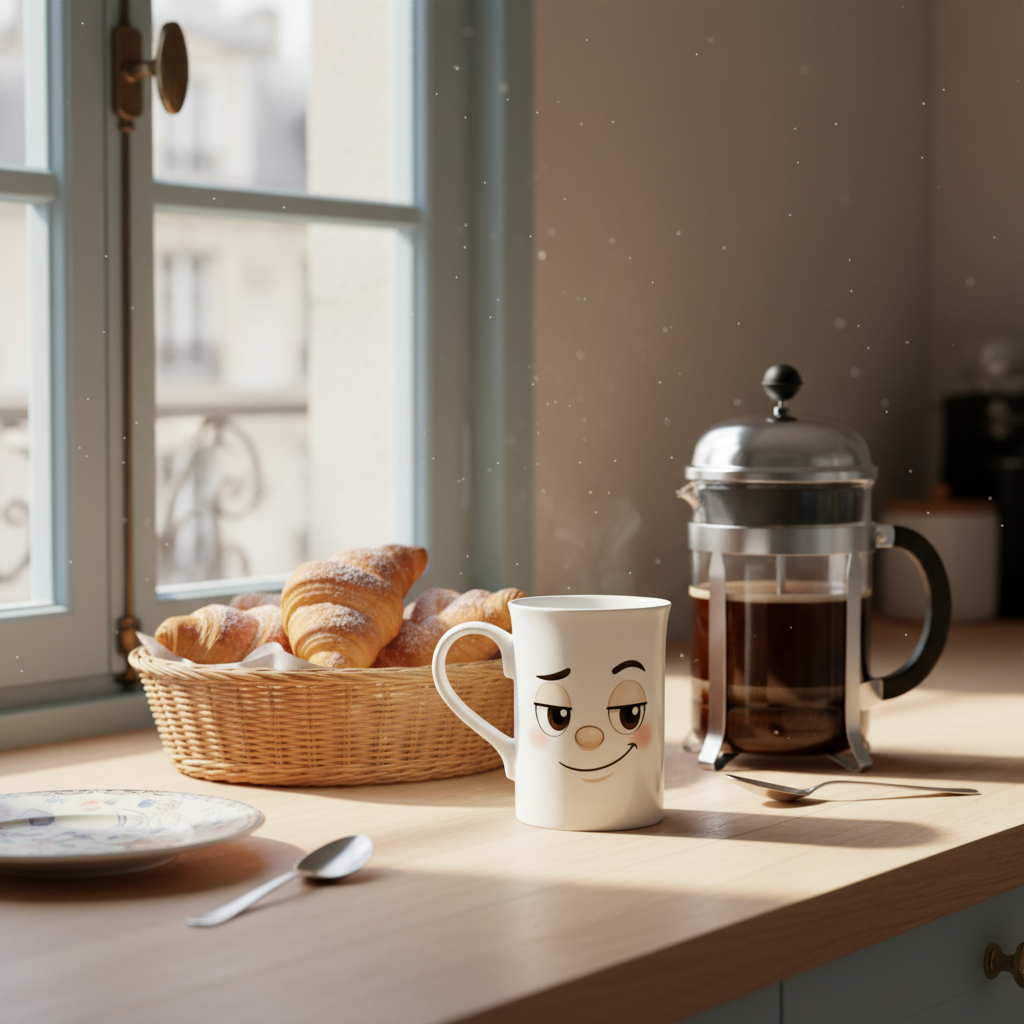Tasse blanche au visage souriant, motif imprimé sur le devant.