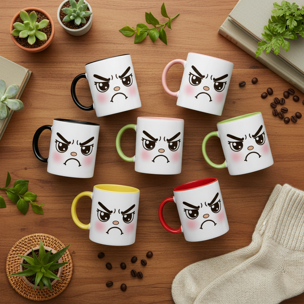 Ensemble de mugs en céramique blancs avec visages kawaii en colère, anses colorées.