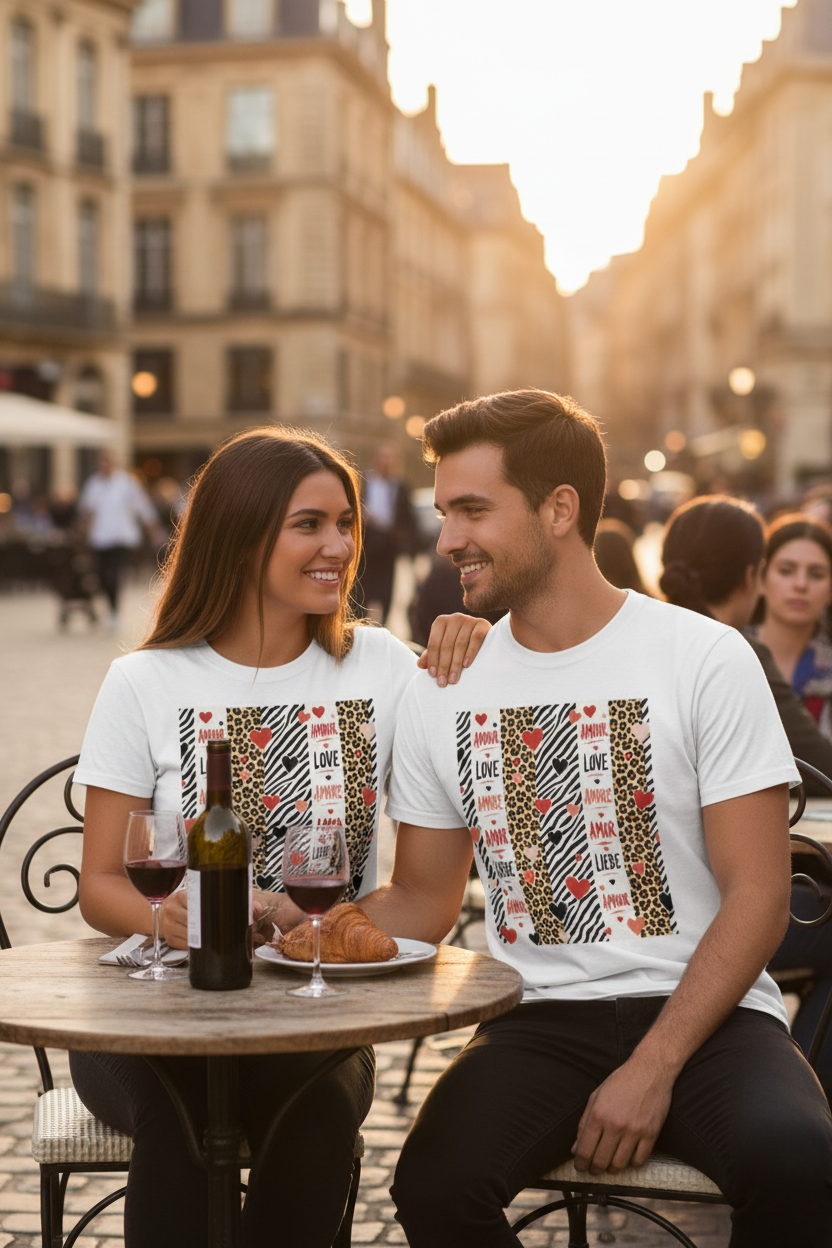 T-shirt unisexe blanc à motif zèbre/leopard et cœurs Love sur la poitrine
