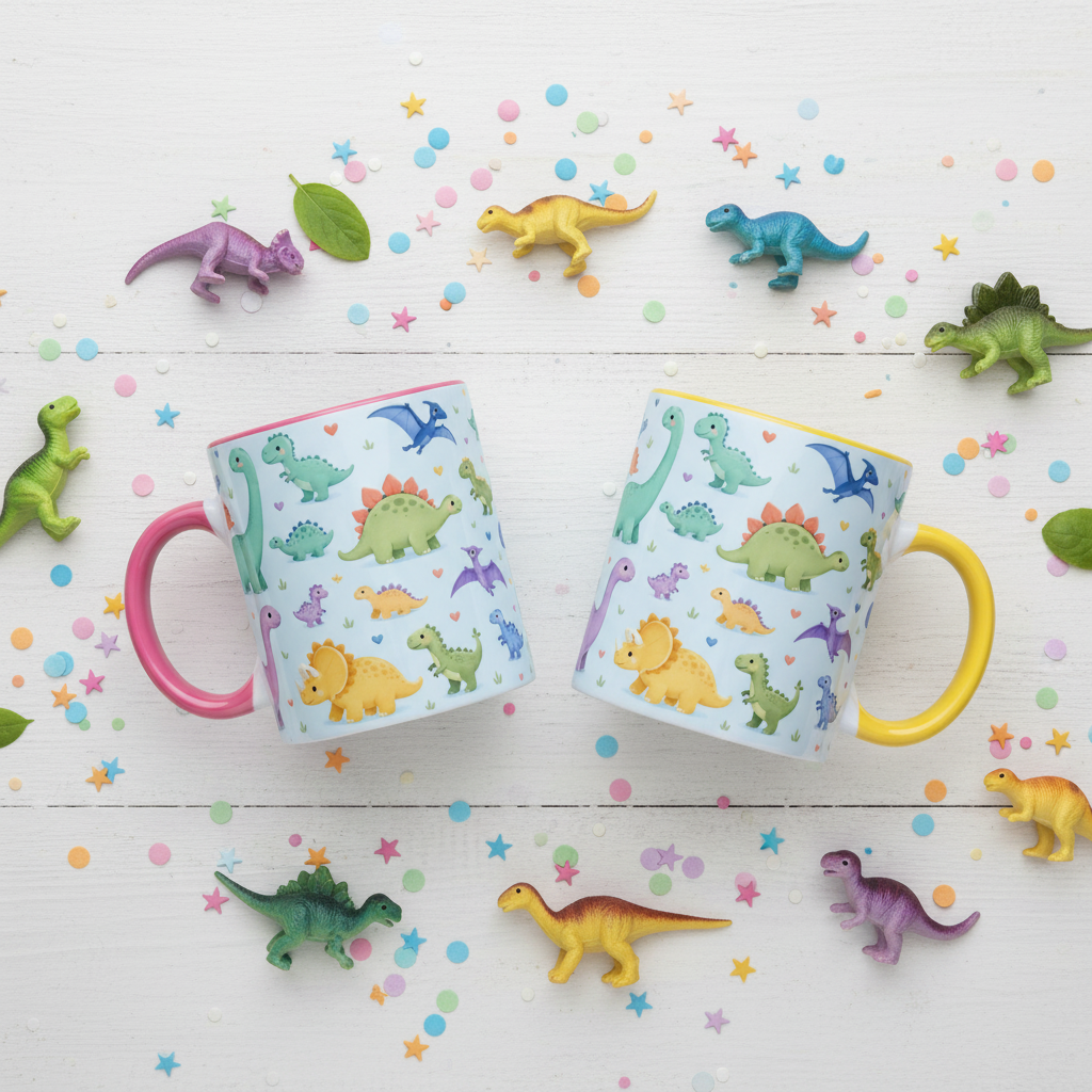 Flat lay deux mugs dinosaures kawaii anse rose et anse jaune avec jouets dinosaures