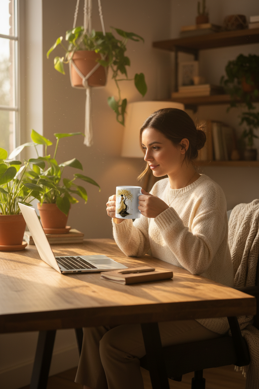 Mug blanc à motif femme et arbre doré, tenu par une femme près d’un ordinateur