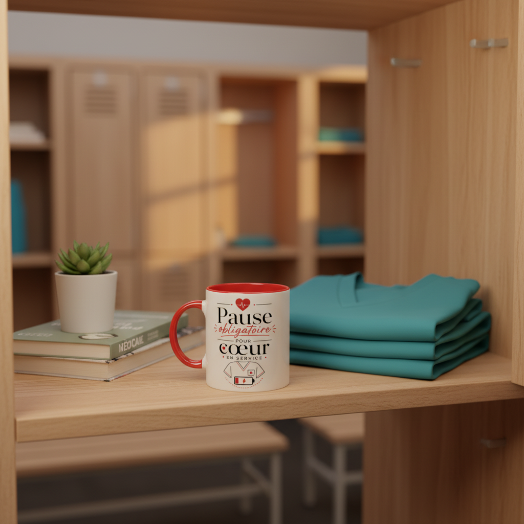 Mug céramique blanche anse rouge, motif cœur, « Pause obligatoire »
