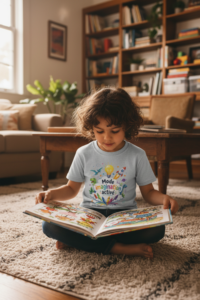 Enfant lisant un livre sur un tapis, portant le t-shirt gris chine Mode imagination active