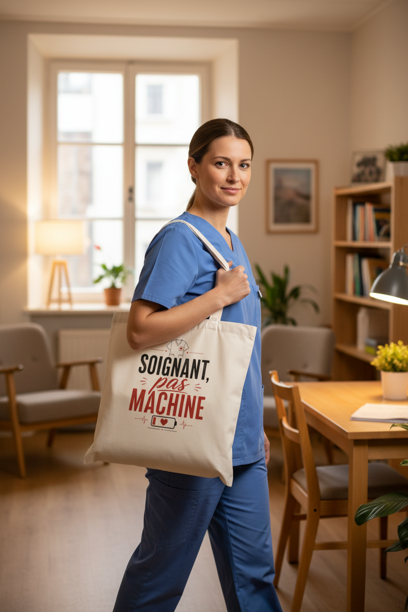 Sac tote en toile écru, anses, logo et inscription rouge/noire « Soignant, pas machine »