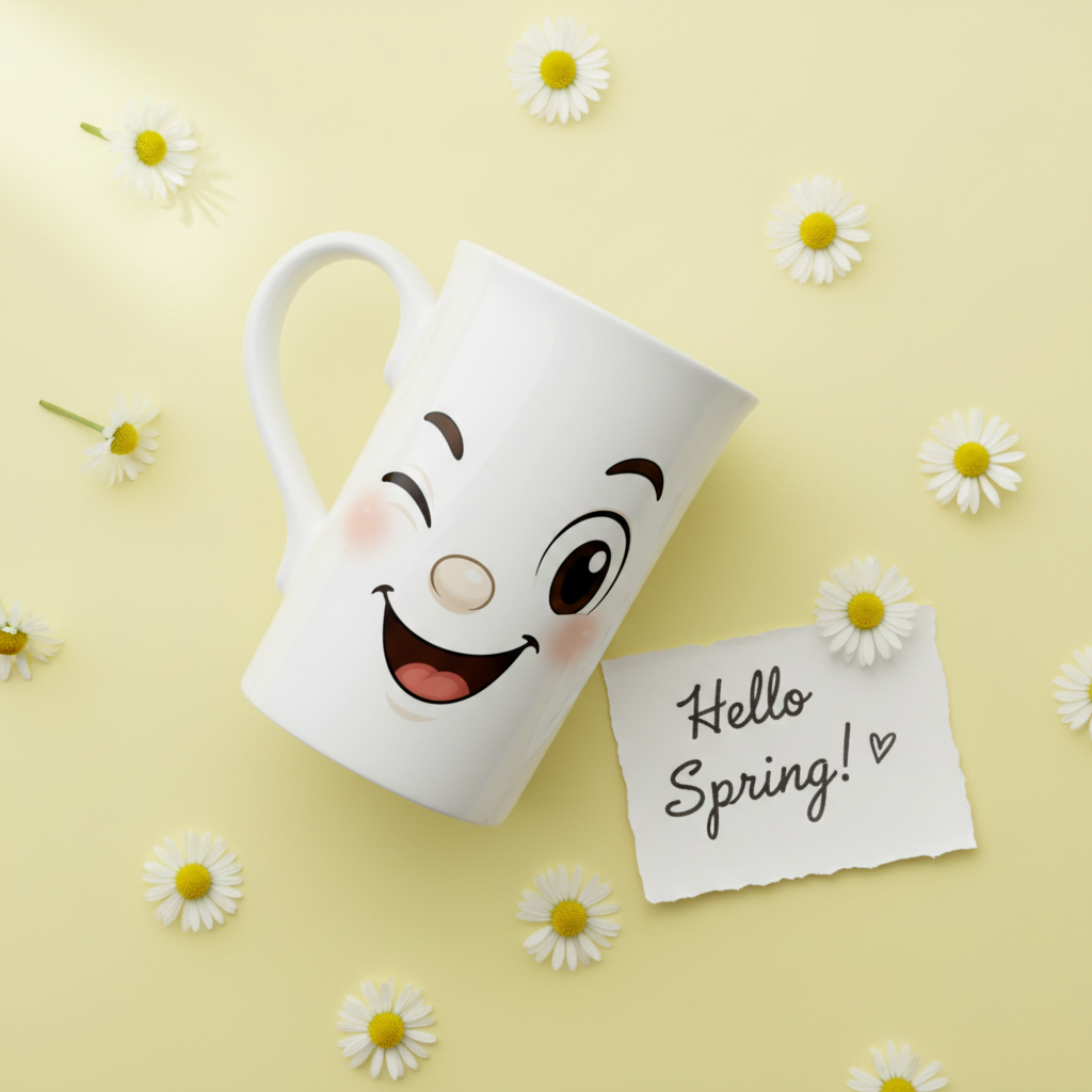 Mug blanc incliné avec visage kawaii et joues rosées