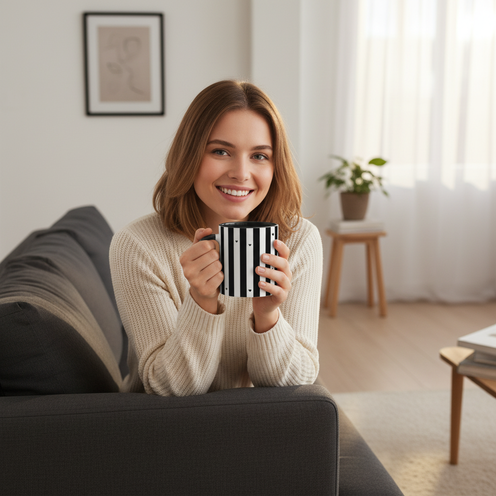 Jeune femme souriante sur canapé gris tenant un mug rayures noir et blanc avec coeurs