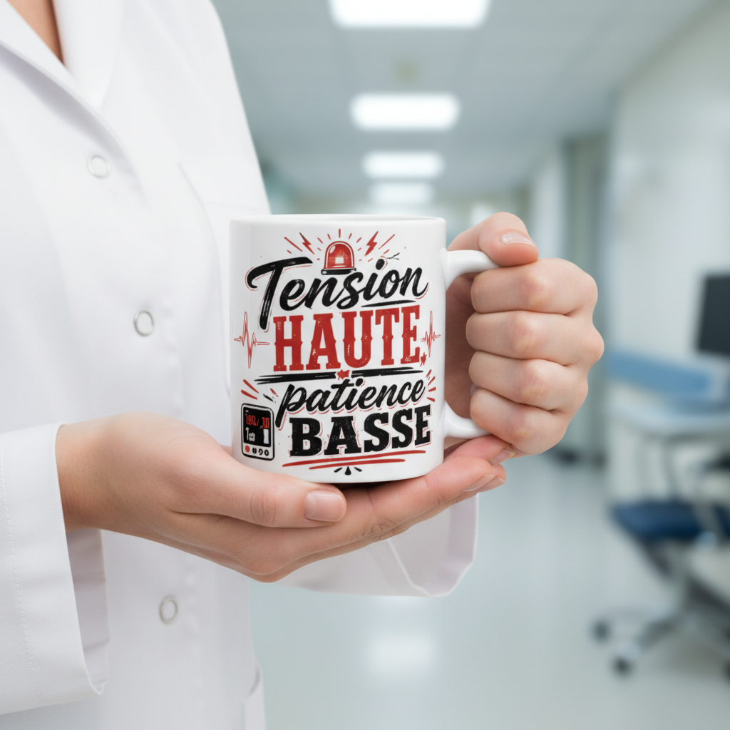 Mug en céramique blanc avec impression « Tension HAUTE patience BASSE ».
