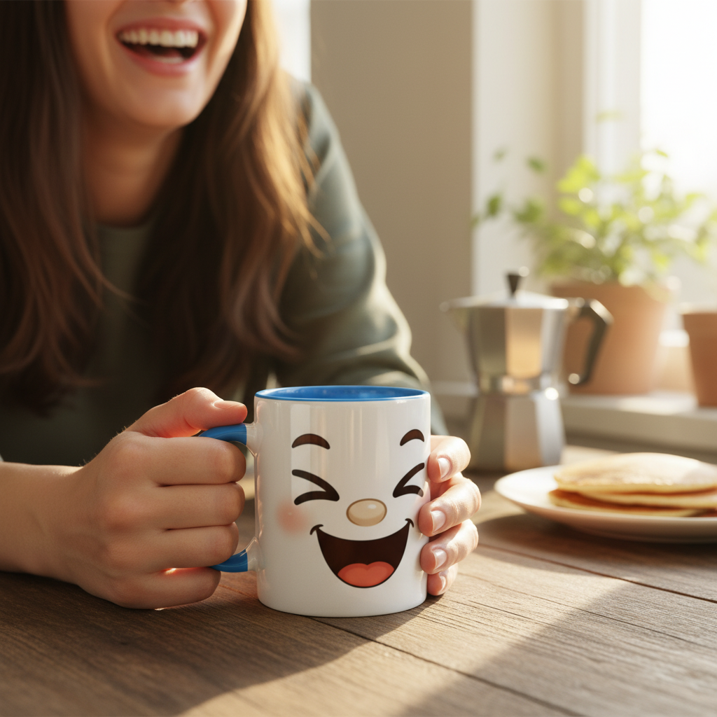 Mug en céramique blanc à anse bleue, motif visage kawaii