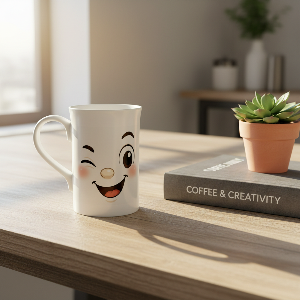 Mug blanc avec visage kawaii et grand sourire, posé sur une surface