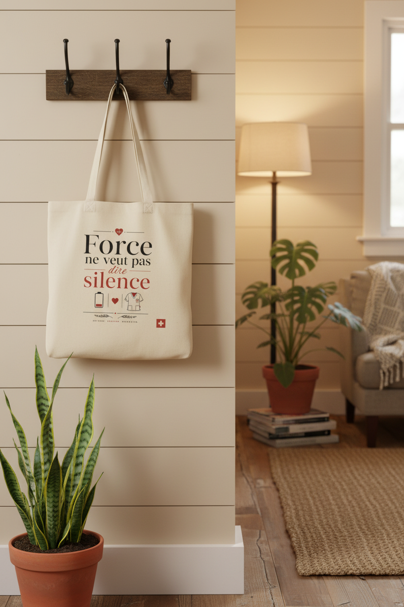 Sac cabas en toile beige, anses longues, imprimé « Force » et « silence » visible