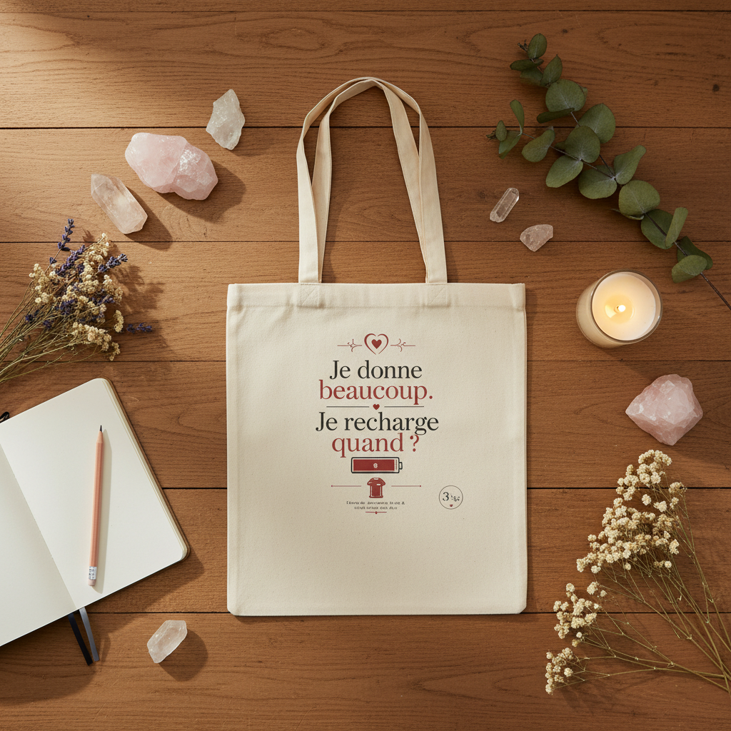 Tote bag en toile blanc cassé avec motif rouge, poignées supérieures