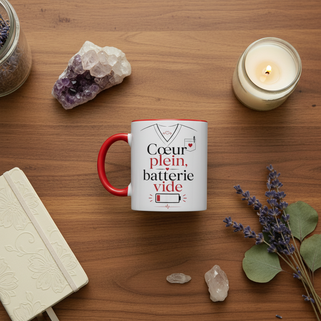 Tasse blanche à poignée rouge, inscription « Cœur plein, batterie vide »