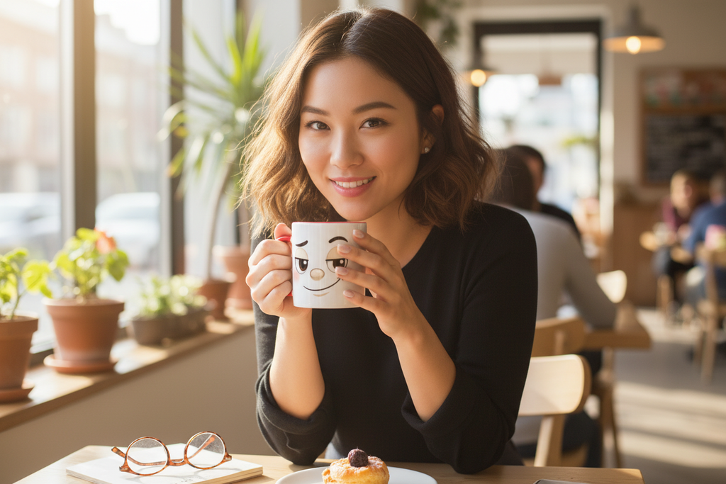 Mug en céramique avec visage kawaii souriant, tenu par une femme au café