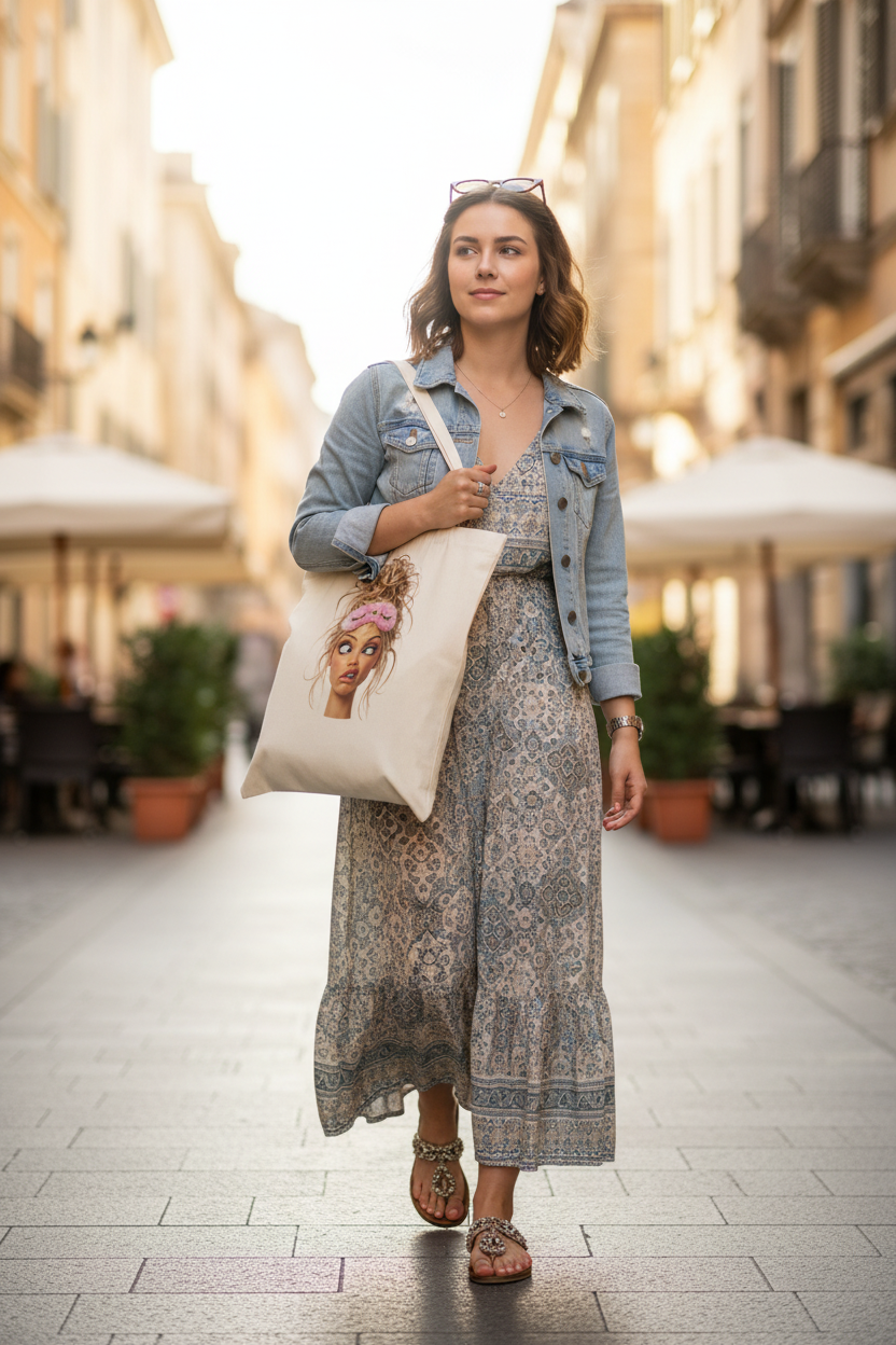 Femme portant un tote bag naturel humour tête du matin dans une rue ensoleillée, style casual chic