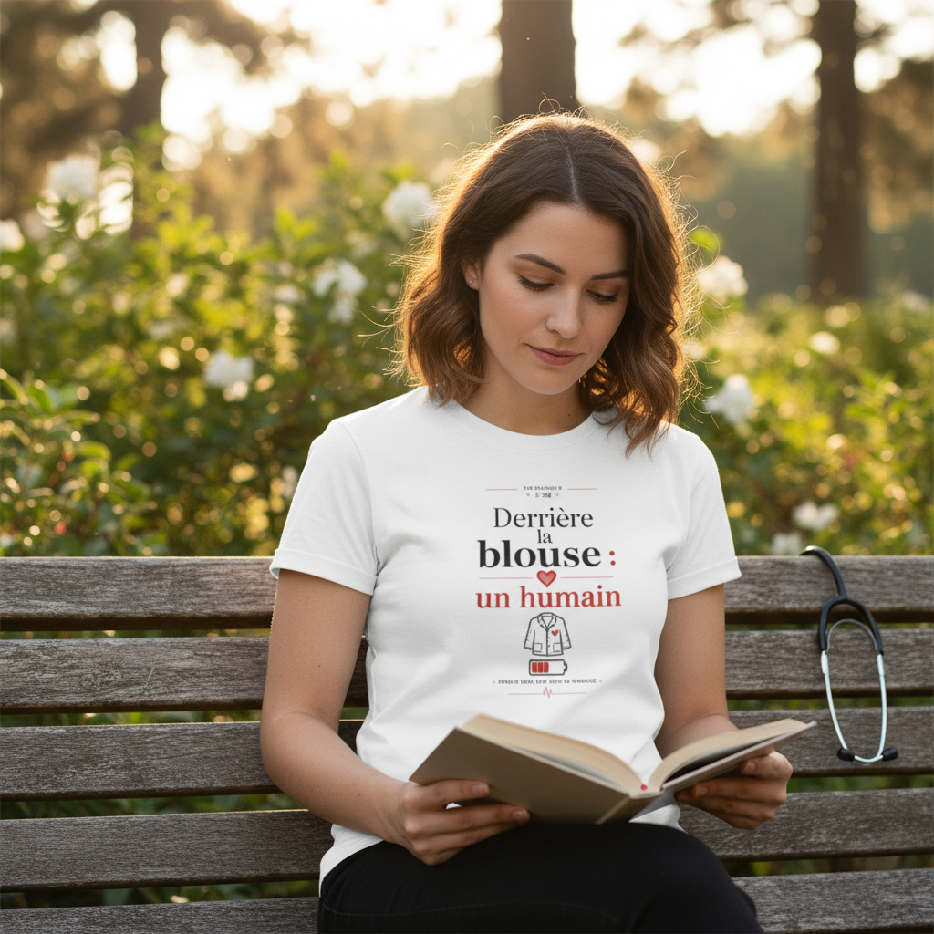 T-shirt blanc col rond, imprimé « Derrière la blouse : un humain » visible au buste.
