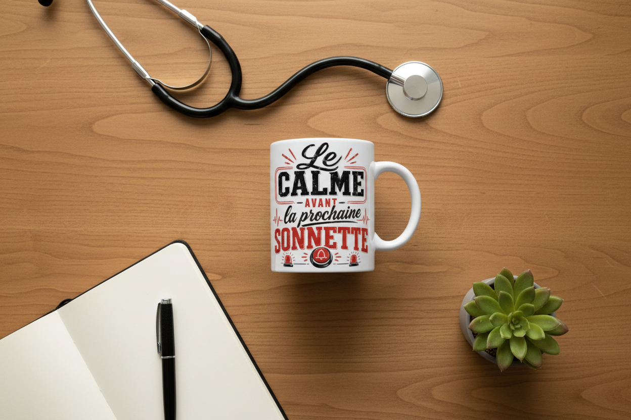 Flat lay du mug Le Calme avant la prochaine Sonnette avec stéthoscope et accessoires sur bois