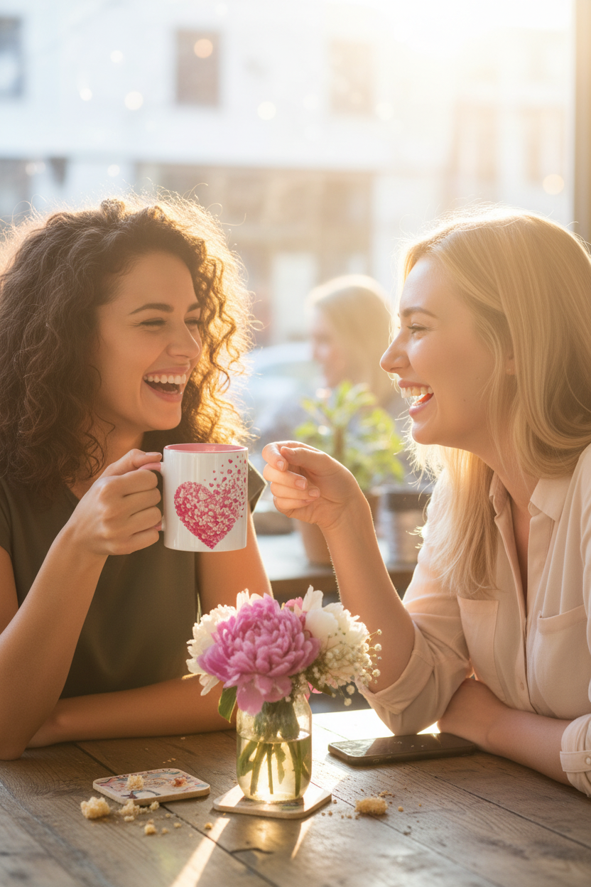 Mug blanc à anse rose, motif cœur rose avec petits cœurs