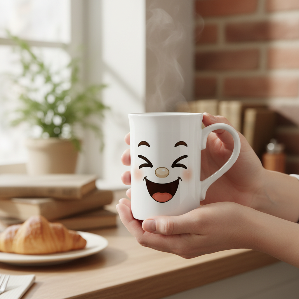 Mug en céramique blanc avec visage kawaii souriant, anses latérales