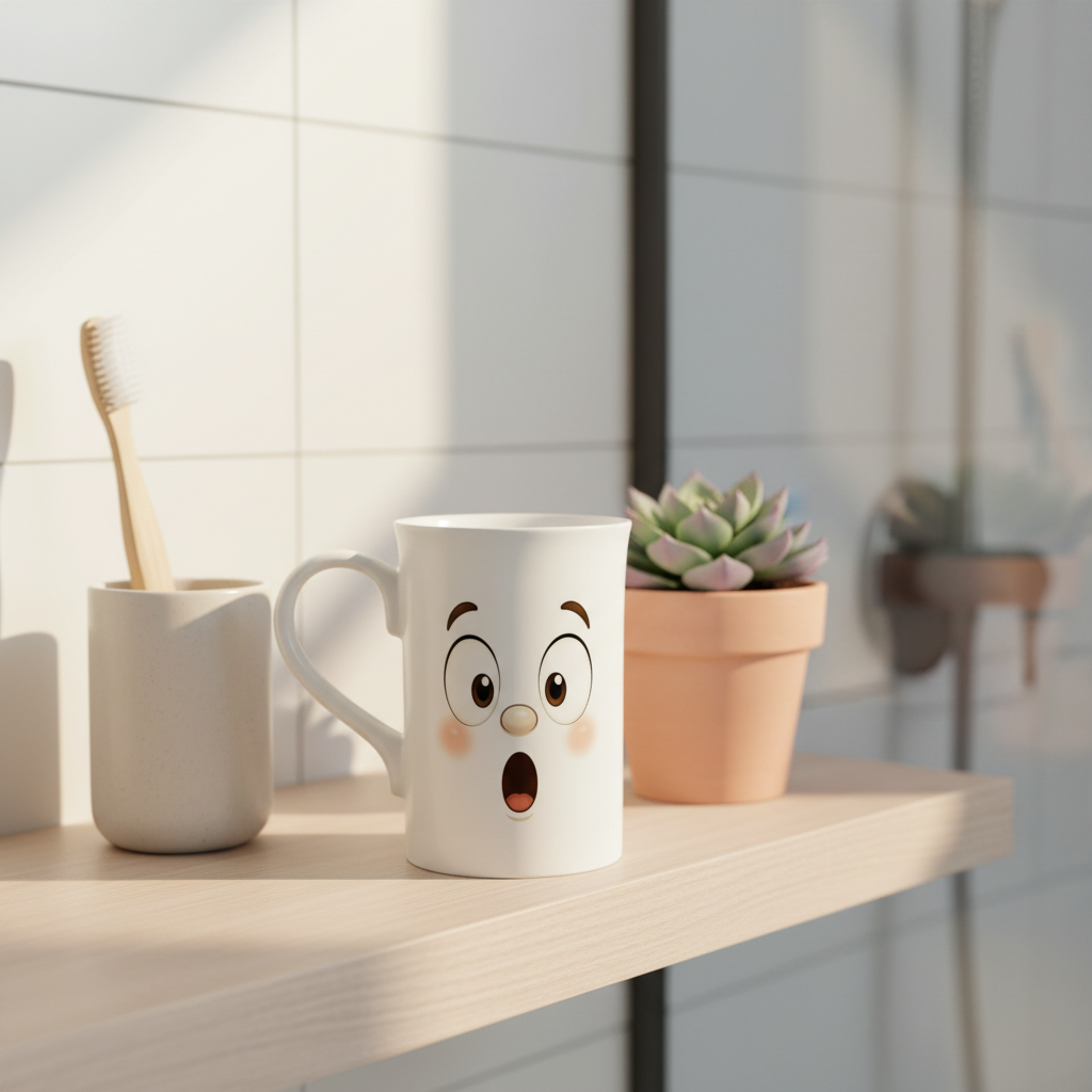 Mug blanc au visage kawaii, yeux ronds et bouche ouverte