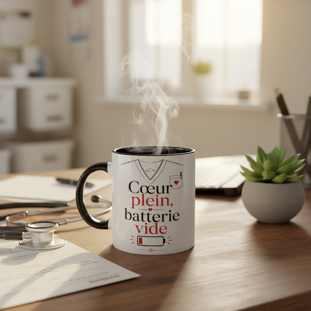 Tasse blanche à poignée et bord noirs, inscription « Cœur plein, batterie vide », vapeur