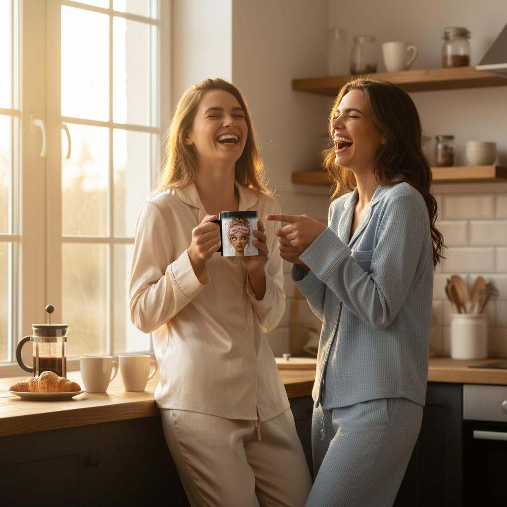 Deux amies en pyjama qui rient autour d'un mug magique humour tête du matin dans une cuisine chaleureuse