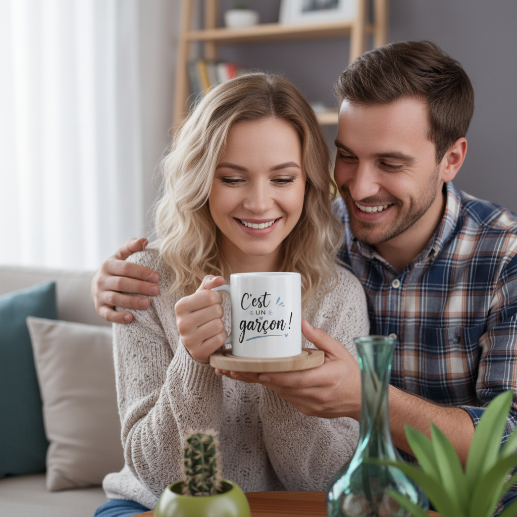 deux personnes celebrant naissance bebe garcon avec mug cest un garcon